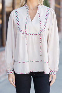 On The Run Ecru Floral Trim Blouse