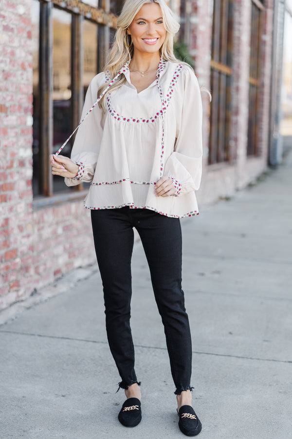 On The Run Ecru Floral Trim Blouse