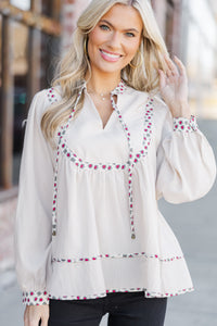 On The Run Ecru Floral Trim Blouse