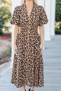 Feeling Fine Camel Brown Leopard Midi Dress