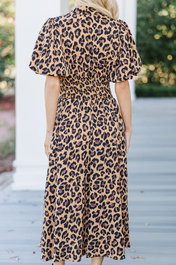 Feeling Fine Camel Brown Leopard Midi Dress