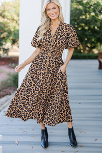 Feeling Fine Camel Brown Leopard Midi Dress