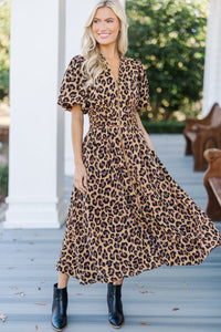 Feeling Fine Camel Brown Leopard Midi Dress