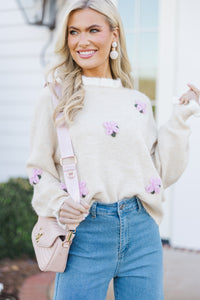 On My Time Oatmeal Floral Sweater