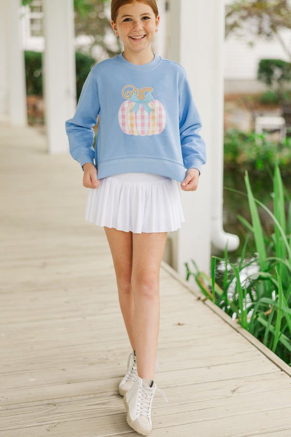 Girls: Plaid Pumpkin Blue Graphic Sweatshirt