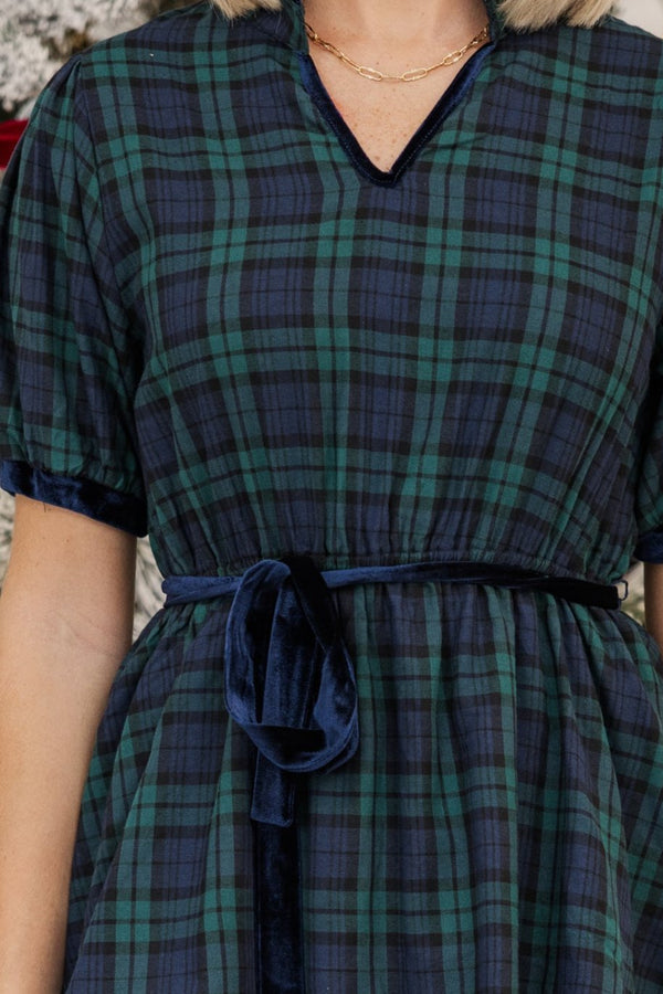 Feeling The Joy Green Tartan Plaid Midi Dress