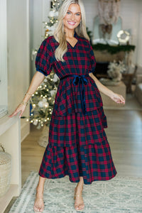 Feeling The Joy Red Tartan Plaid Midi Dress