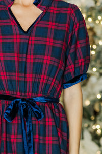 Feeling The Joy Red Tartan Plaid Midi Dress