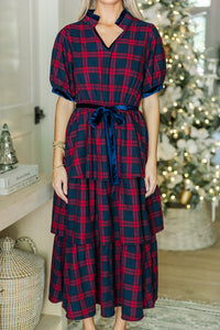 Feeling The Joy Red Tartan Plaid Midi Dress