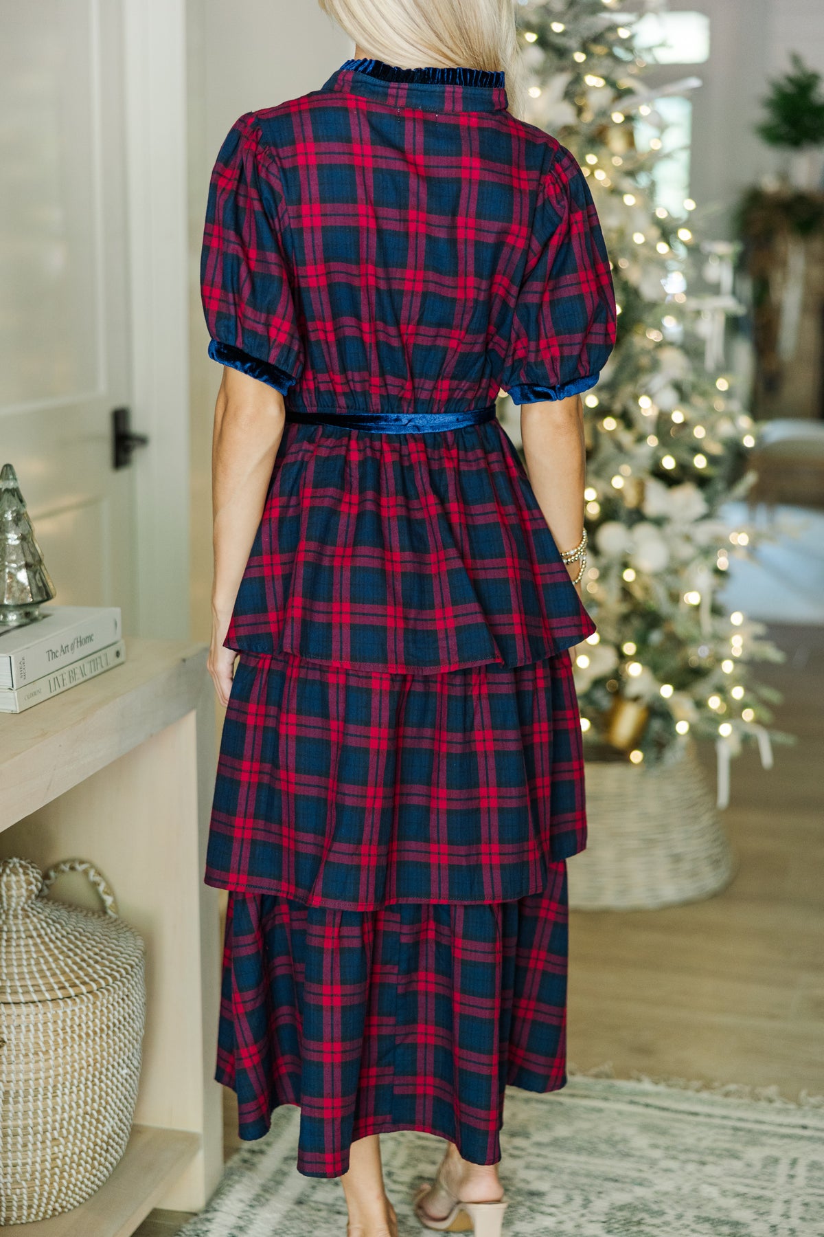 red tartan dress Sleeveless Sheath It features a comfortable cotton cut with curve Women's Wrapped in Cheer Navy