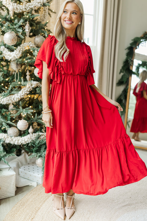 All The Good Red Ruffled Midi Dress