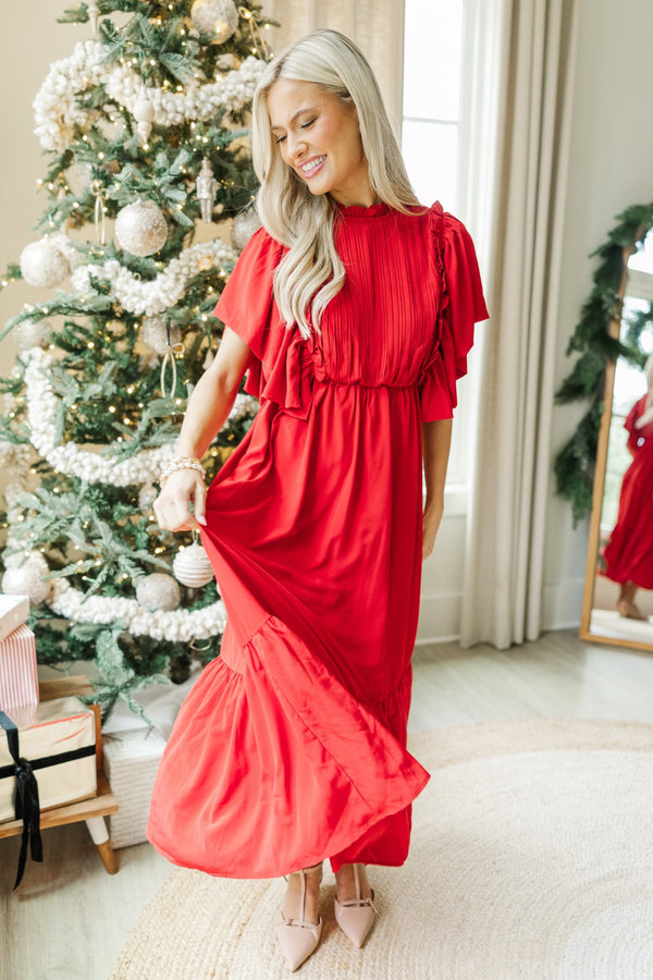 All The Good Red Ruffled Midi Dress