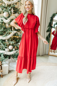 All The Good Red Ruffled Midi Dress