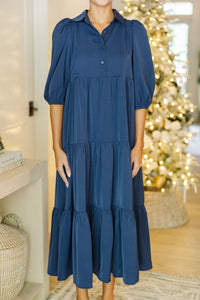 Love Found Navy Blue Tiered Midi Dress