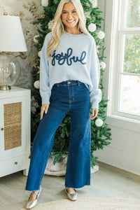 Joyful Light Blue Script Sweater