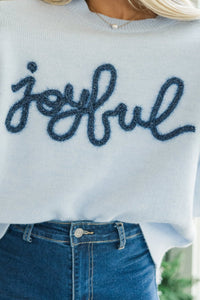 Joyful Light Blue Script Sweater