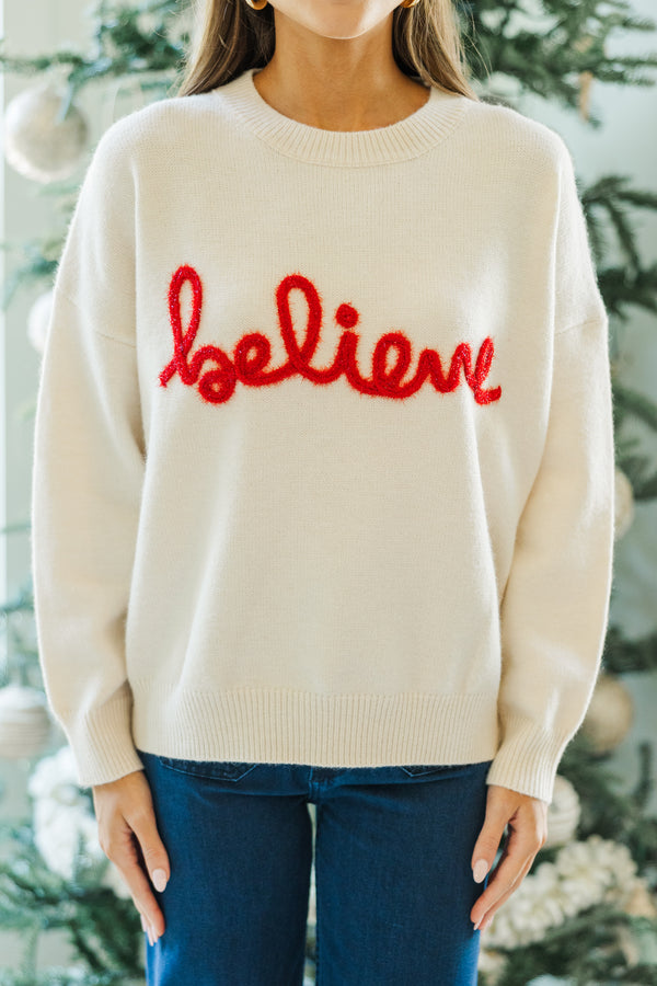 Believe Cream Script Sweater