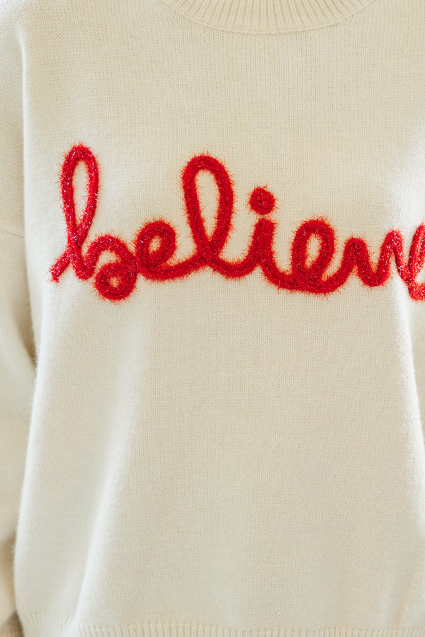 Believe Cream Script Sweater