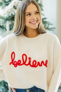 Believe Cream Script Sweater