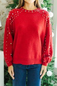 Can't Help But Love Red Pearl Studded Sweater