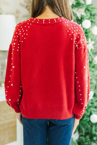 Can't Help But Love Red Pearl Studded Sweater