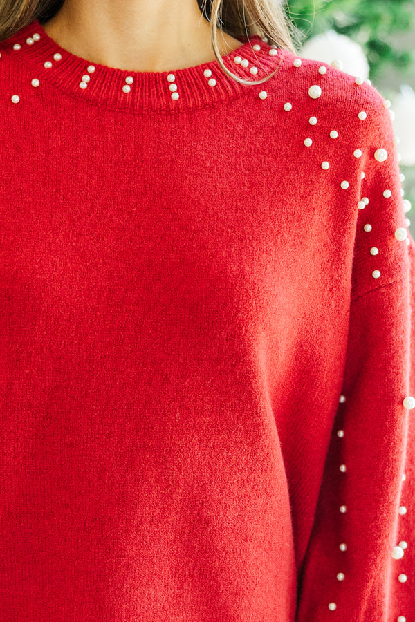 Can't Help But Love Red Pearl Studded Sweater