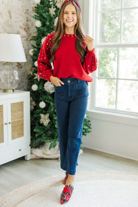 Can't Help But Love Red Pearl Studded Sweater