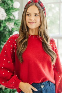 Can't Help But Love Red Pearl Studded Sweater