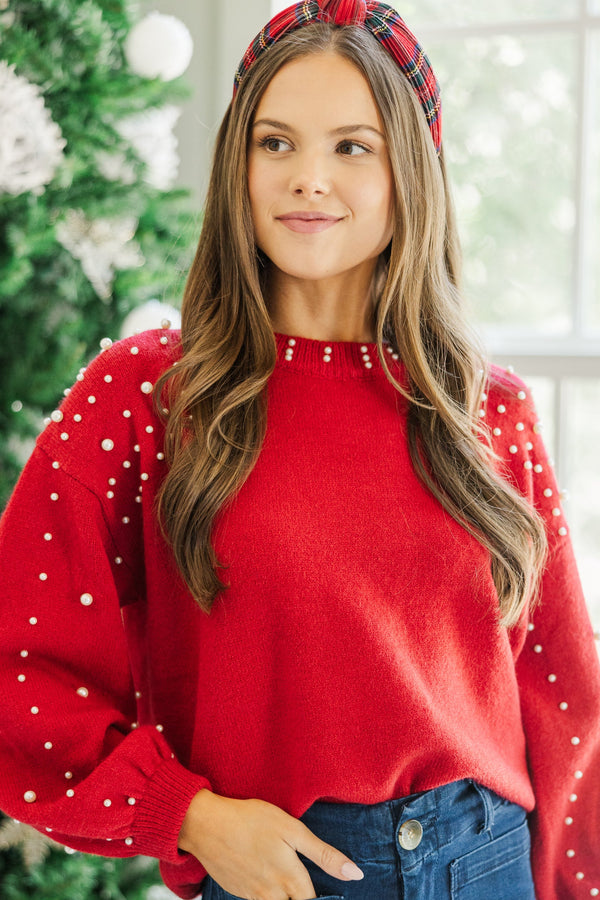 Can't Help But Love Red Pearl Studded Sweater