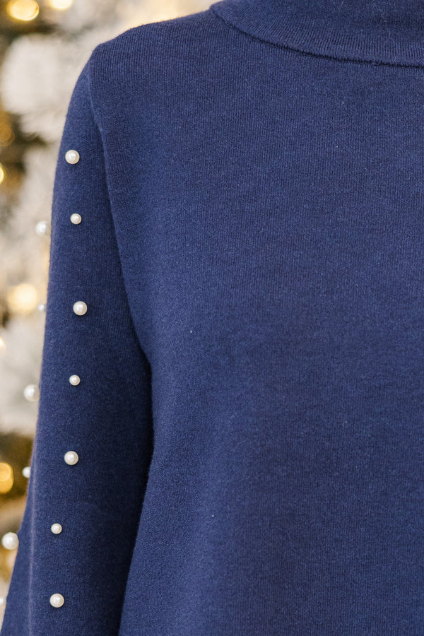 Just A Feeling Navy Embellished Mock Neck Sweater