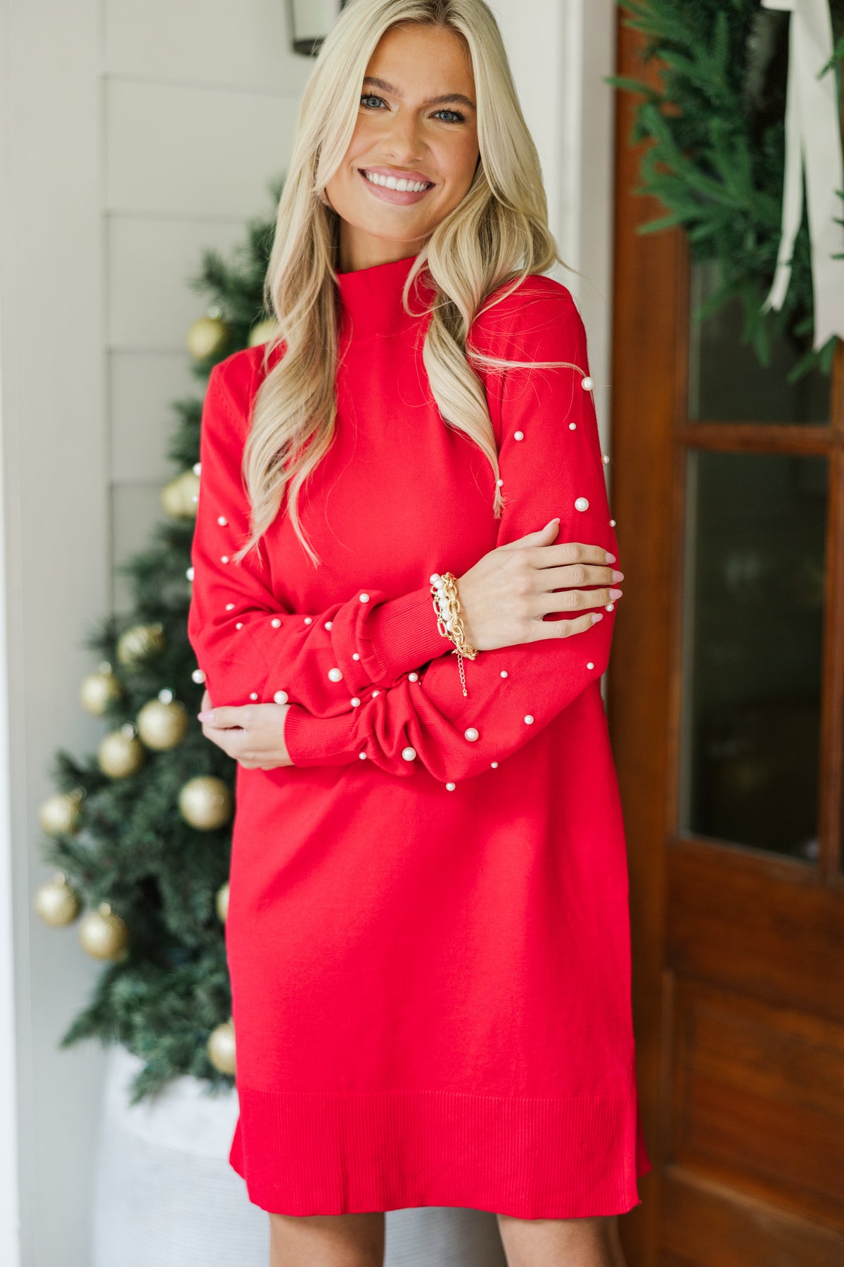 All The Love Red Embellished Sweater Dress – Shop the Mint