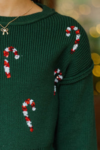Girls: The Laura Emerald Green Candy Canes Sweater