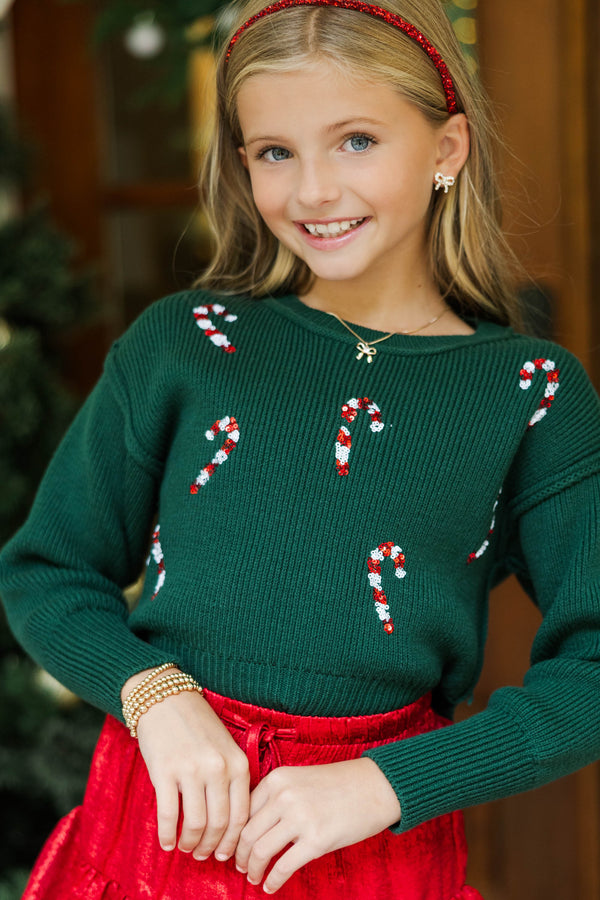 Girls: The Laura Emerald Green Candy Canes Sweater