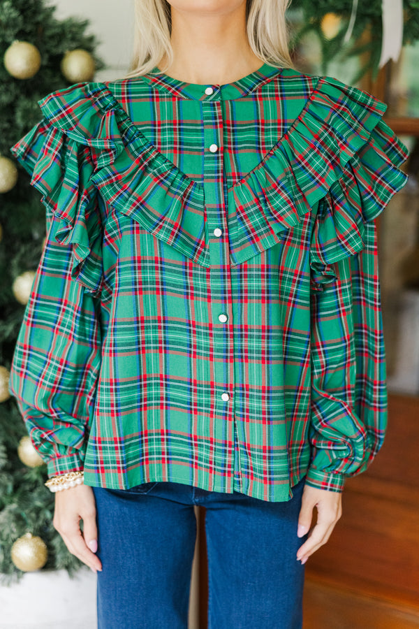 It's All Possible Green Tartan Plaid Button Down Blouse