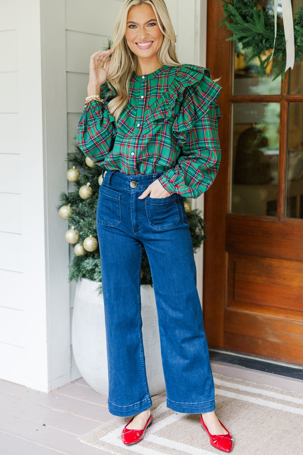 It's All Possible Green Tartan Plaid Button Down Blouse