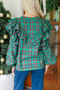 It's All Possible Green Tartan Plaid Button Down Blouse