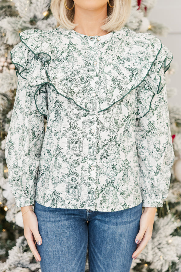 It's All Possible Emerald Green Holiday Toile Button Down Blouse