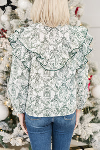 It's All Possible Emerald Green Holiday Toile Button Down Blouse