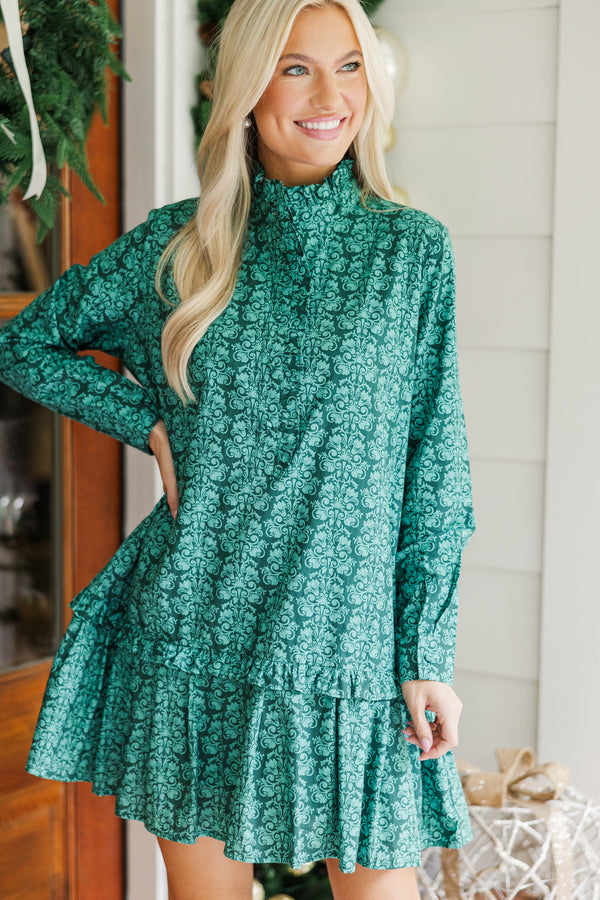 Looking For You Emerald Damask Print Babydoll Dress