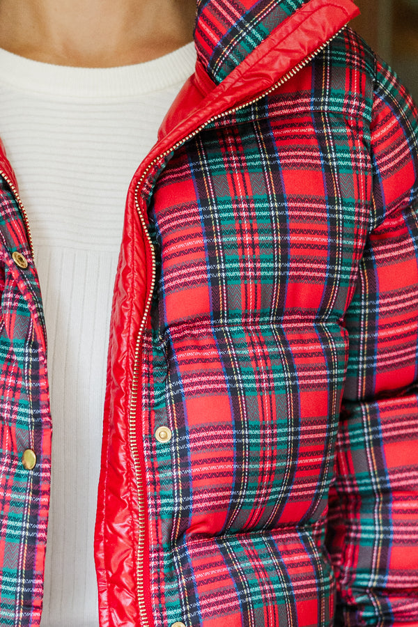 Oh So Merry Red Plaid Puffer Jacket