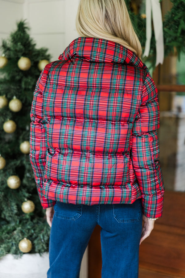 Oh So Merry Red Plaid Puffer Jacket