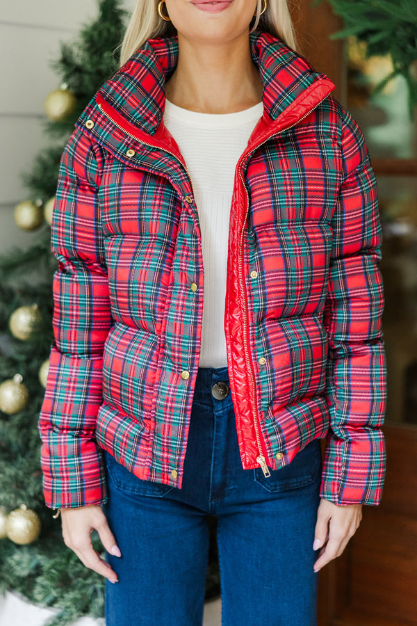 Oh So Merry Red Plaid Puffer Jacket