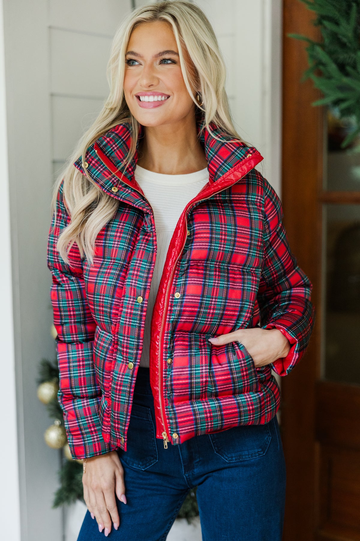 Red Perfer Jacket Oh So Merry Red Plaid Puffer Jacket – Shop the Mint