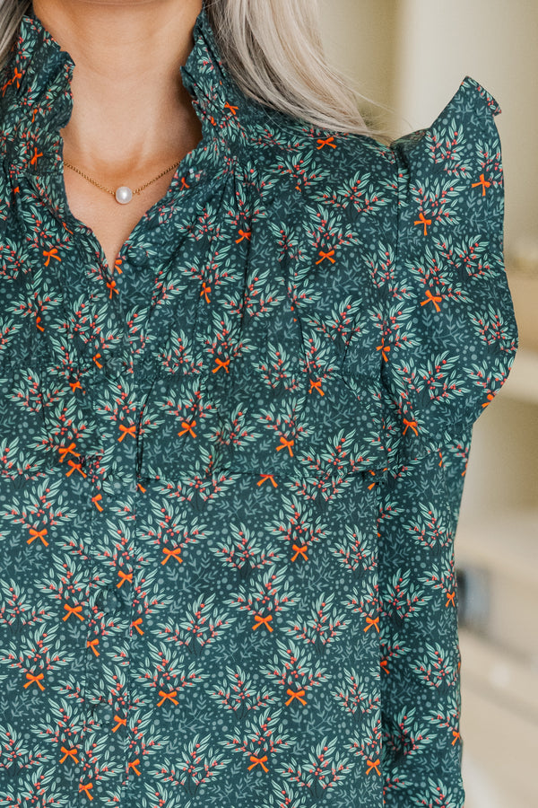 On Your Time Navy Holiday Print Button Down Top