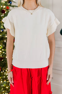 Take A Moment Cream White Ruffle Sleeve Knit Top