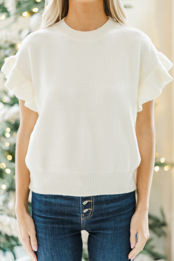 Take A Moment Cream White Ruffle Sleeve Knit Top