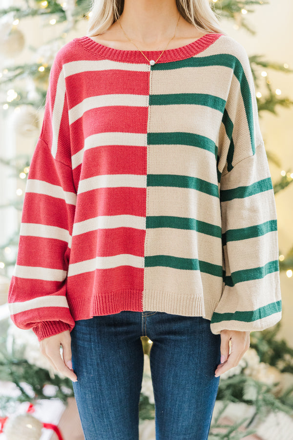 Ready For Anything Red/Green Striped Colorblock Sweater