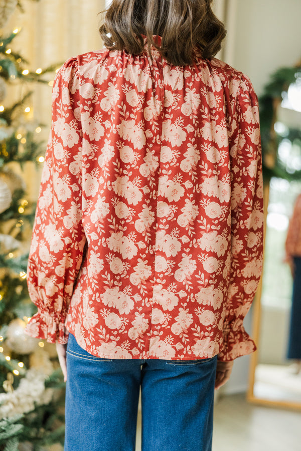 Tried And True Brick Red Floral Ruffled Blouse