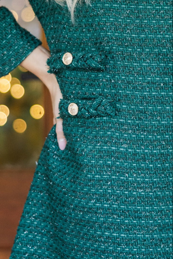 Ask You Out Emerald Green Tweed 3/4 Sleeve Dress