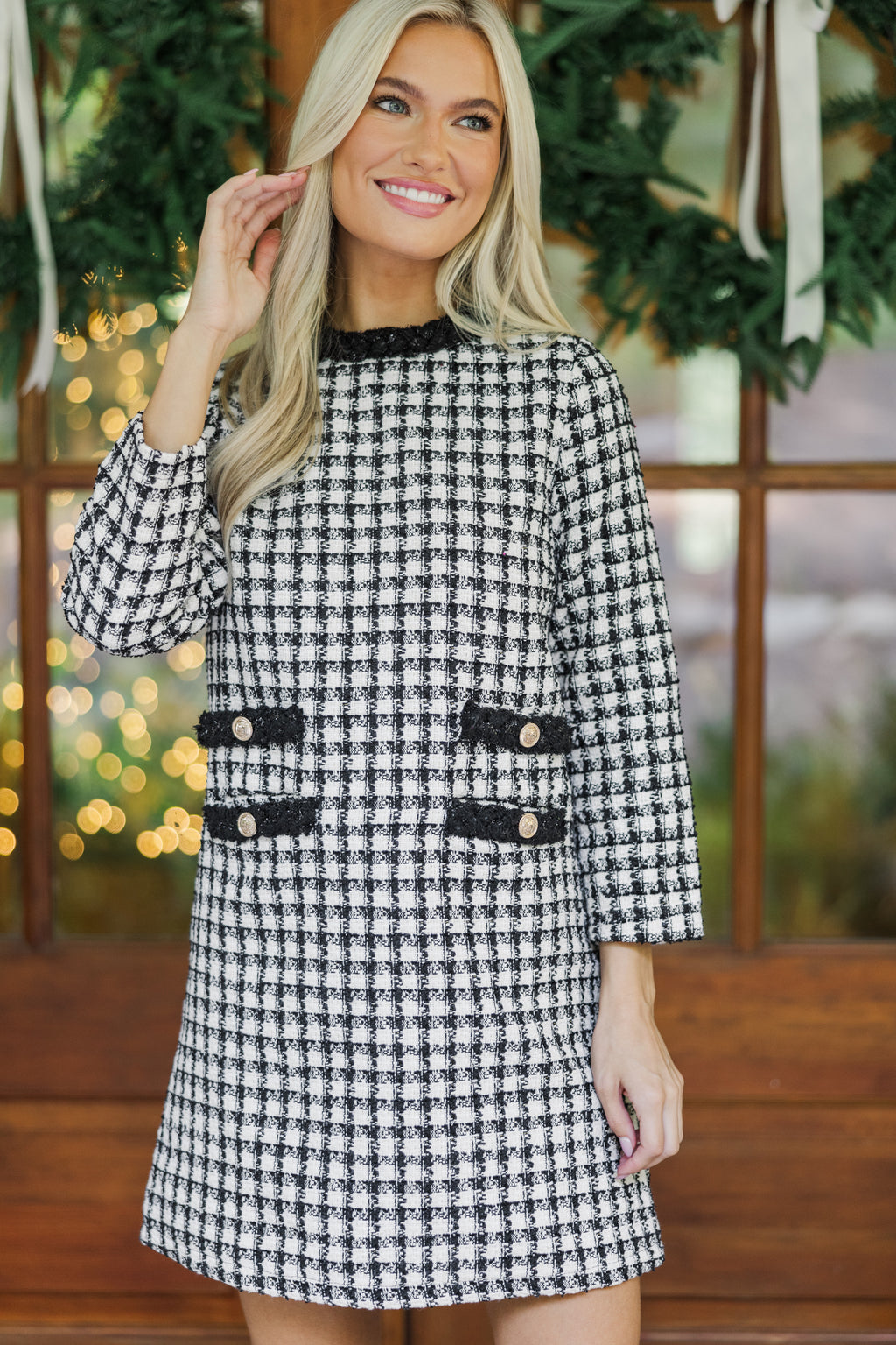 Ask You Out Black Houndstooth Tweed 3/4 Sleeve Dress, Medium - The Mint Julep Boutique | Women's Boutique Clothing Ask You Out Black Houndstooth Tweed 3/4 Sleeve Dress, Medium - The Mint Julep Boutique | Women's Boutique Clothing